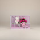 eRamis white teddy bear with pink bow and pink flower bouquet on a miniature white table