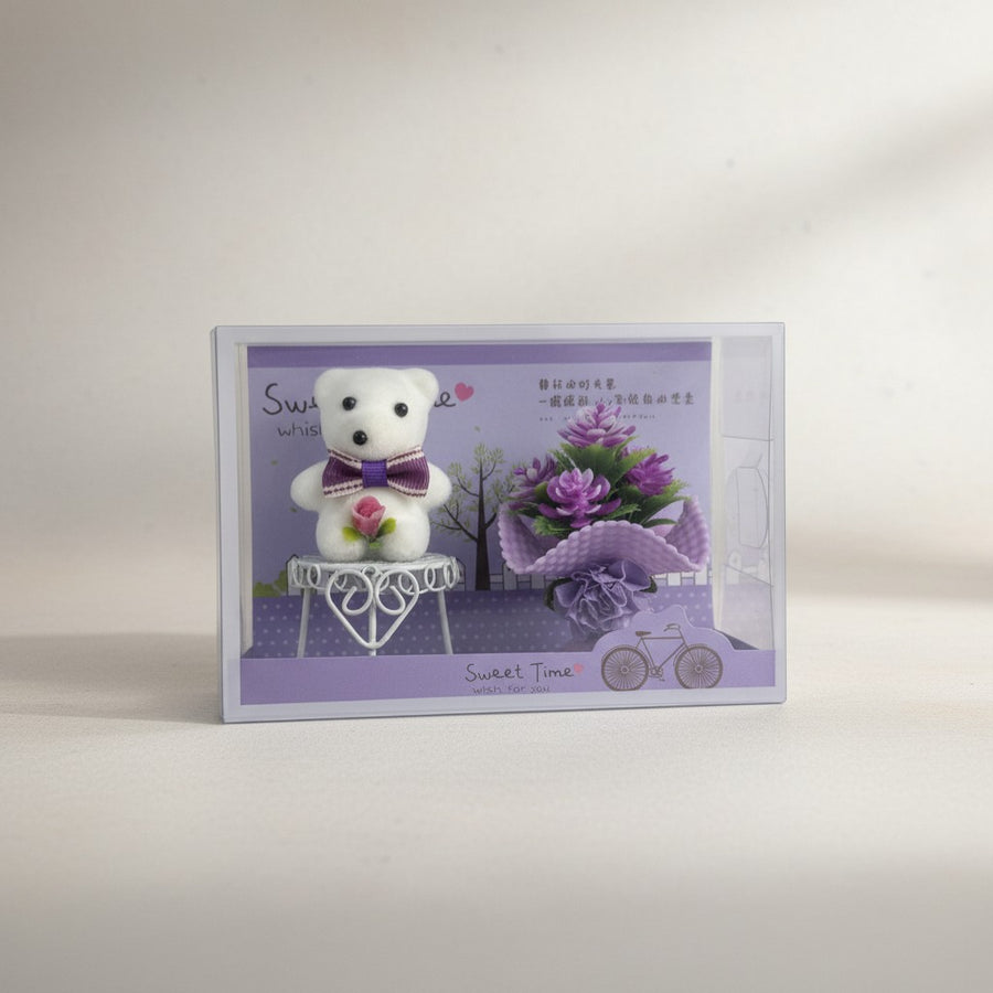 eRamis white teddy bear with purple bow and floral decor, small gift set