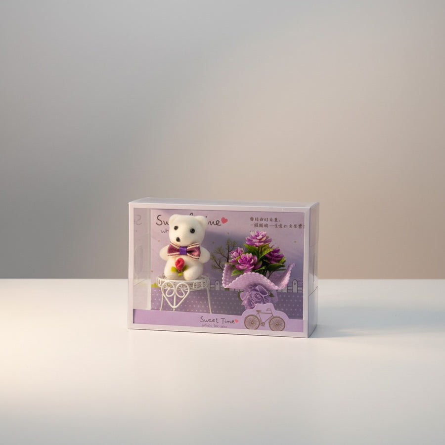 eRamis white teddy bear with purple bow and flower bouquet, gift set
