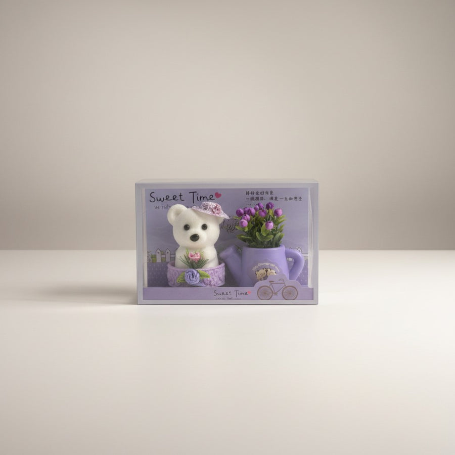 eRamis white teddy bear figurine with purple flowers in a watering can, decorative gift set